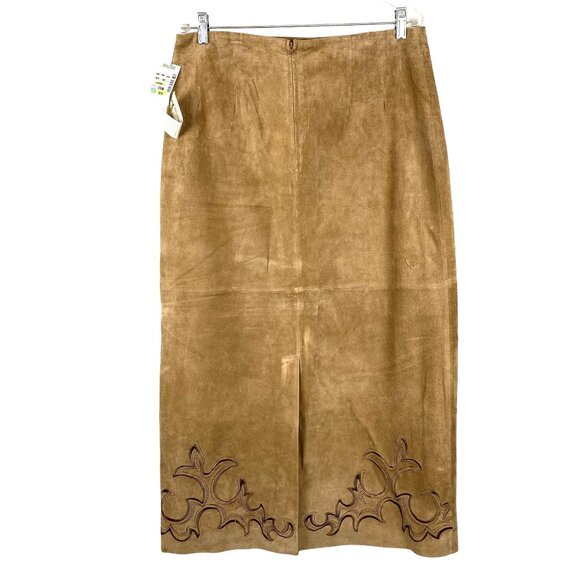 VTG Womens 14 Tan Margaret Godfrey Suede Western Boho Skirt Embroidered Hem NWT - Picture 2 of 11
